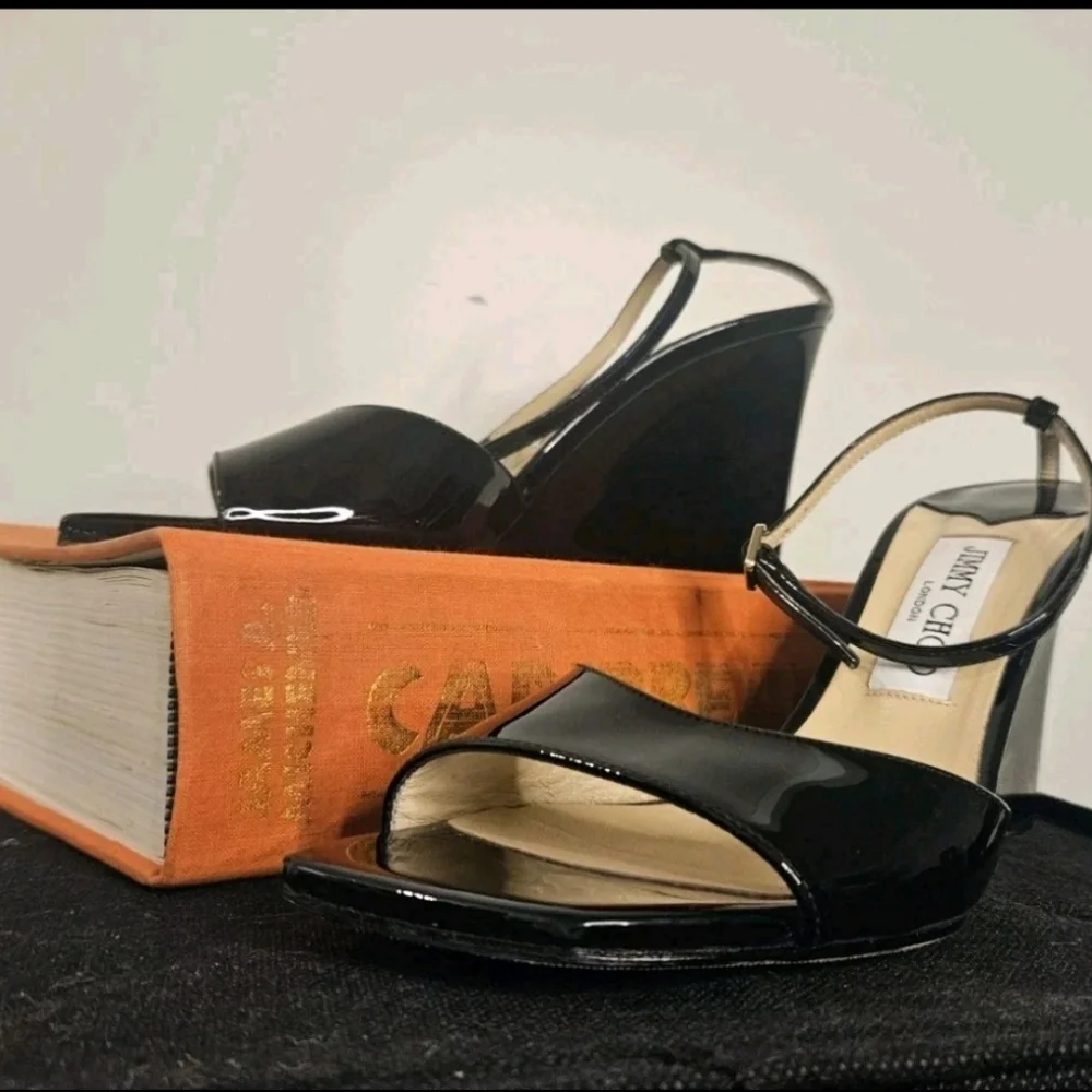 Jimmy Choo Size 38 EU 8US Brien 85 Black Patent Leather Wedge Sandals - Picture 2 of 9